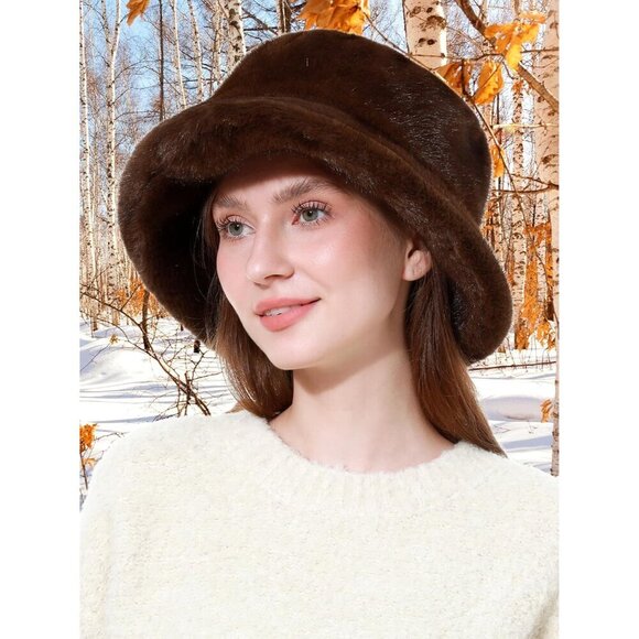 Women\'s Faux Fur Bucket Hat Compact Warm Short Plush Fisherman Cap